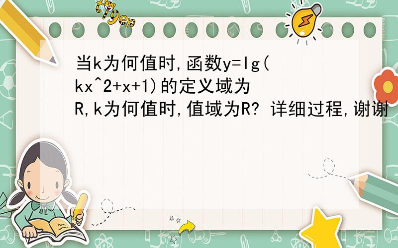 当k为何值时,函数y=lg(kx^2+x+1)的定义域为R,k为何值时,值域为R? 详细过程,谢谢