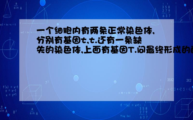 一个细胞内有两条正常染色体,分别有基因t,t.还有一条缺失的染色体,上面有基因T.问最终形成的配子基因型及比例是多少?