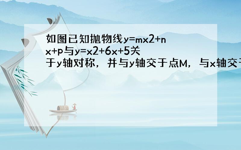 如图已知抛物线y=mx2+nx+p与y=x2+6x+5关于y轴对称，并与y轴交于点M，与x轴交于点A和B．求出y=mx2