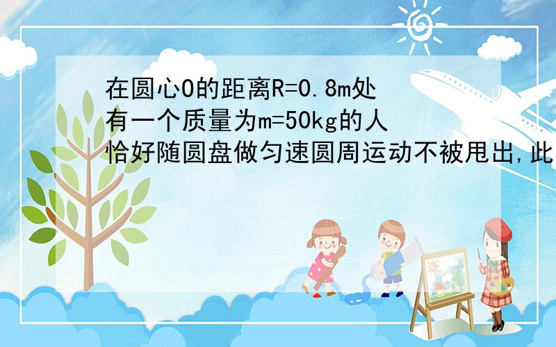 在圆心O的距离R=0.8m处有一个质量为m=50kg的人恰好随圆盘做匀速圆周运动不被甩出,此时圆盘的