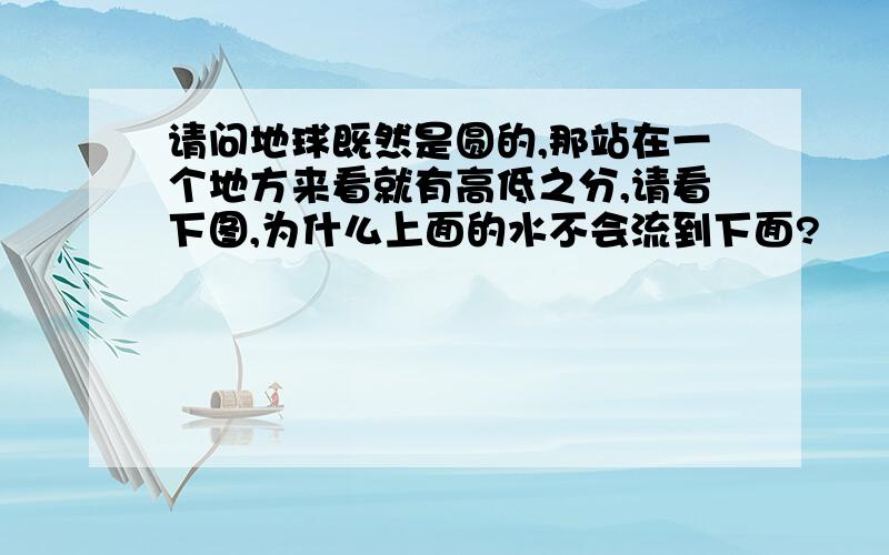 请问地球既然是圆的,那站在一个地方来看就有高低之分,请看下图,为什么上面的水不会流到下面?