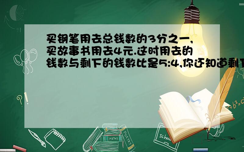 买钢笔用去总钱数的3分之一,买故事书用去4元.这时用去的钱数与剩下的钱数比是5:4,你还知道剩下多少钱吗?