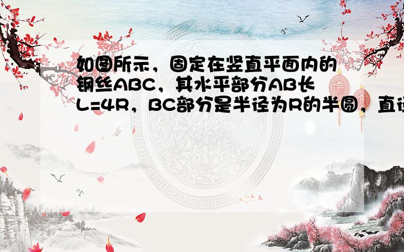 如图所示，固定在竖直平面内的钢丝ABC，其水平部分AB长L=4R，BC部分是半径为R的半圆，直径BC在竖直方向．质量为m