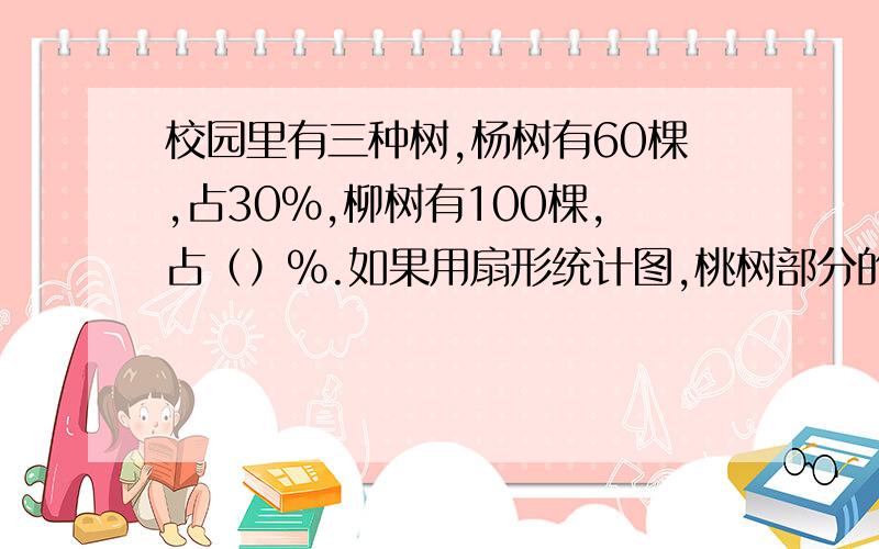 校园里有三种树,杨树有60棵,占30%,柳树有100棵,占（）%.如果用扇形统计图,桃树部分的面积占（）%.