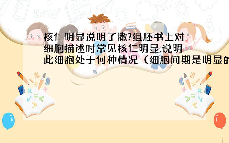 核仁明显说明了撒?组胚书上对细胞描述时常见核仁明显.说明此细胞处于何种情况（细胞间期是明显的）?或者有什么特点?