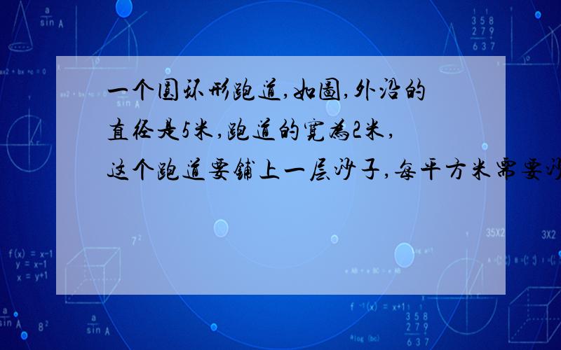 一个圆环形跑道,如图,外沿的直径是5米,跑道的宽为2米,这个跑道要铺上一层沙子,每平方米需要沙子0.5吨,共需沙子多少吨