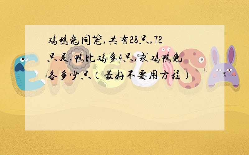 鸡鸭兔同笼,共有28只,72只足,鸭比鸡多4只,求鸡鸭兔各多少只（最好不要用方程）