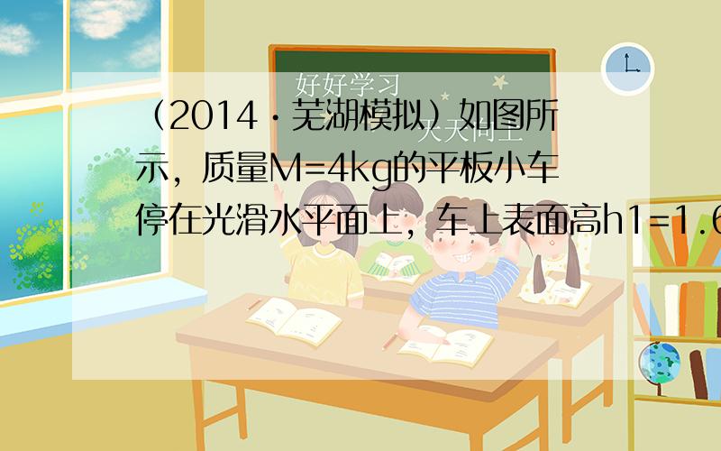 （2014•芜湖模拟）如图所示，质量M=4kg的平板小车停在光滑水平面上，车上表面高h1=1.6m．水平面右边的台阶高h