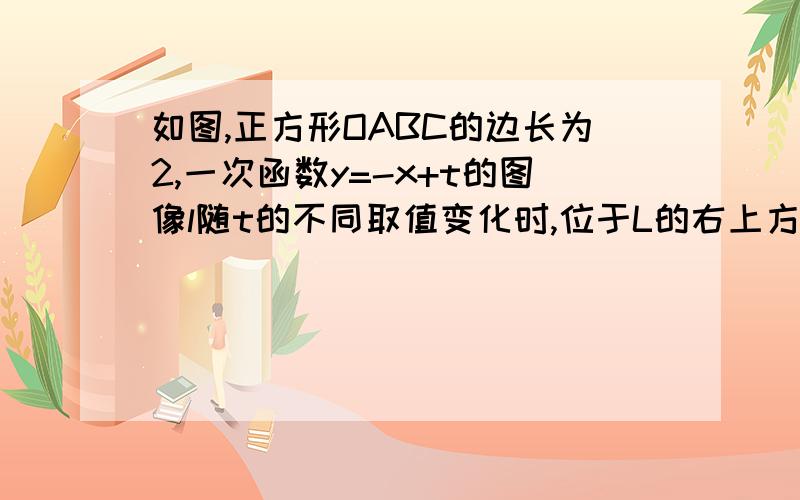 如图,正方形OABC的边长为2,一次函数y=-x+t的图像l随t的不同取值变化时,位于L的右上方由L和正方形边围成的阴影