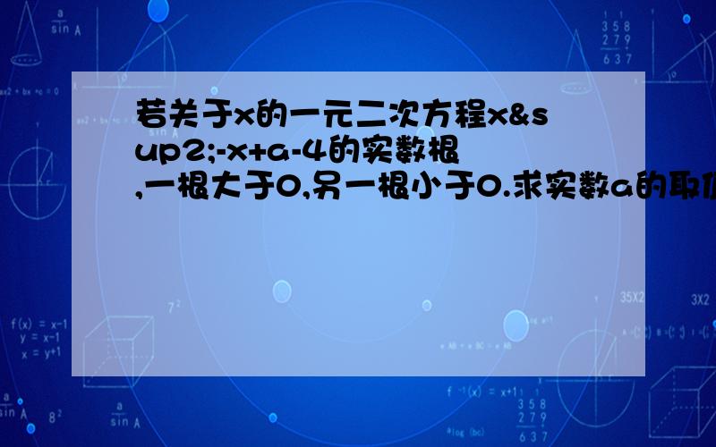 若关于x的一元二次方程x²-x+a-4的实数根,一根大于0,另一根小于0.求实数a的取值范围