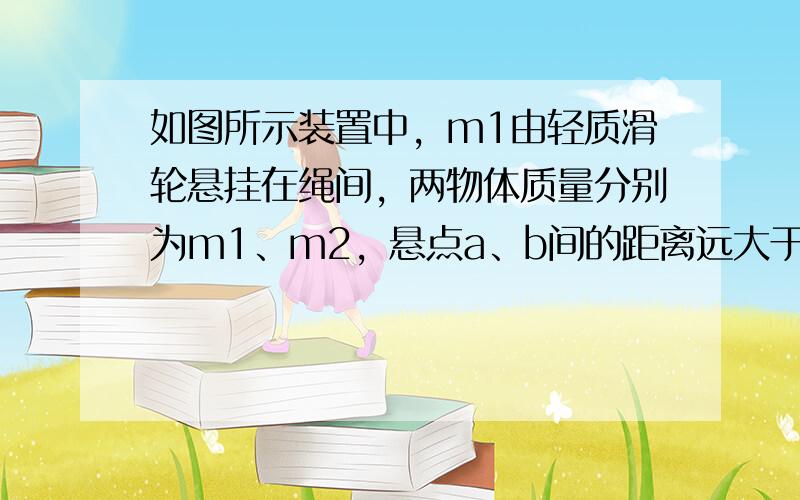 如图所示装置中，m1由轻质滑轮悬挂在绳间，两物体质量分别为m1、m2，悬点a、b间的距离远大于滑轮的直径，不计一切摩擦，