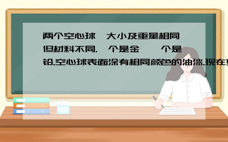 两个空心球,大小及重量相同,但材料不同.一个是金,一个是铅.空心球表面涂有相同颜色的油漆.现在要求