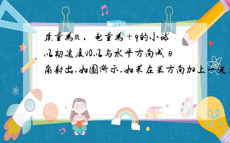 质量为m 、电量为+q的小球以初速度v0以与水平方向成θ角射出,如图所示,如果在某方向加上一定大小的匀强电场后,能保证小