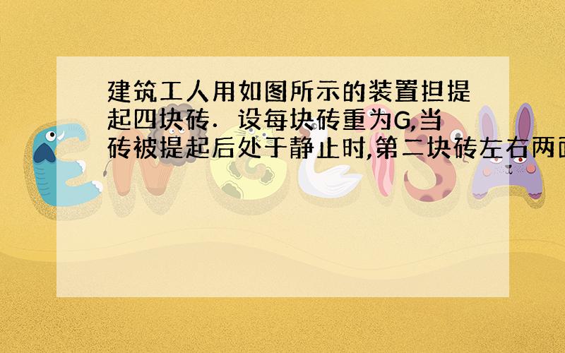 建筑工人用如图所示的装置担提起四块砖．设每块砖重为G,当砖被提起后处于静止时,第二块砖左右两面受到的摩擦力是（　　）