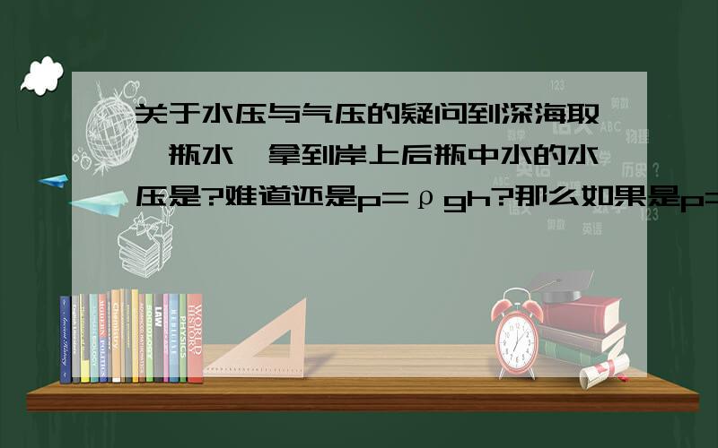 关于水压与气压的疑问到深海取一瓶水,拿到岸上后瓶中水的水压是?难道还是p=ρgh?那么如果是p=ρgh,在深海盖上瓶盖后