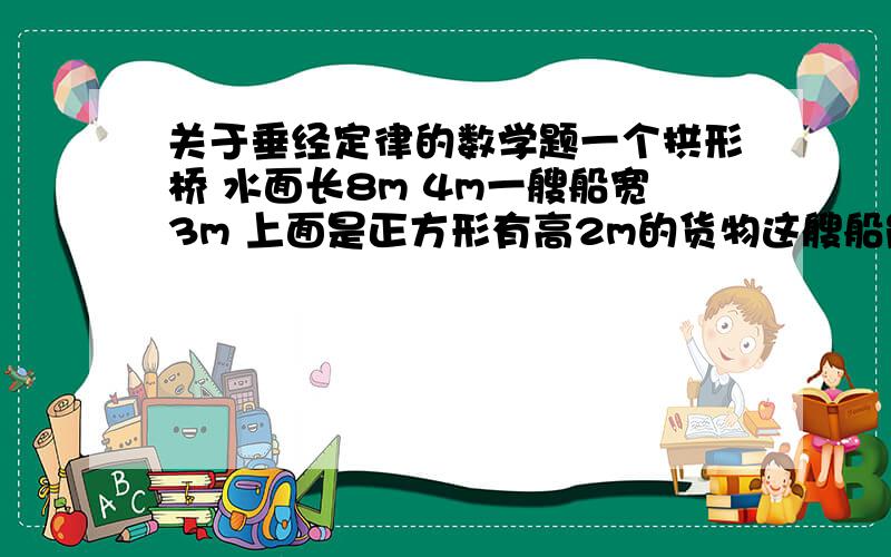 关于垂经定律的数学题一个拱形桥 水面长8m 4m一艘船宽3m 上面是正方形有高2m的货物这艘船能通过这个拱吗?