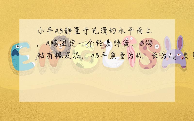 小车AB静置于光滑的水平面上，A端固定一个轻质弹簧，B端粘有橡皮泥，AB车质量为M，长为L，质量为m的木块C放在小车上，