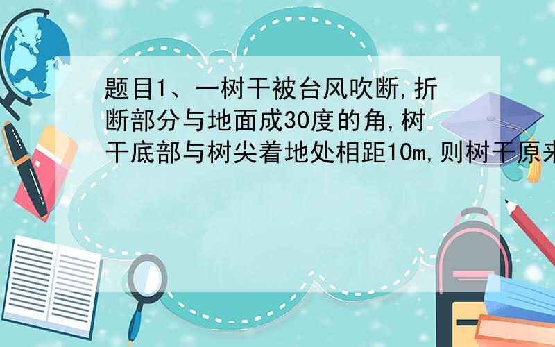 题目1、一树干被台风吹断,折断部分与地面成30度的角,树干底部与树尖着地处相距10m,则树干原来的高度?