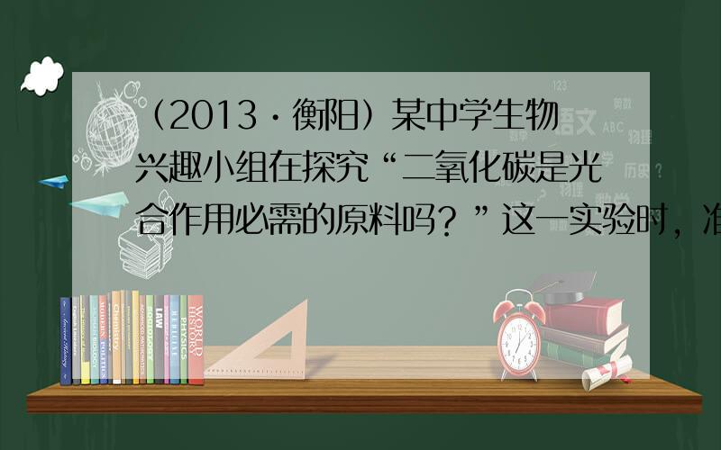 （2013•衡阳）某中学生物兴趣小组在探究“二氧化碳是光合作用必需的原料吗？”这一实验时，准备了实验所需的材料用具：生长