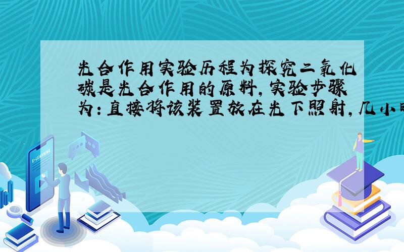 光合作用实验历程为探究二氧化碳是光合作用的原料,实验步骤为：直接将该装置放在光下照射,几小时后,摘下叶片,放在烧杯中水煮