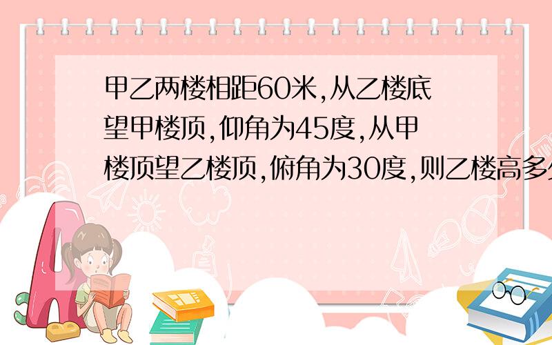 甲乙两楼相距60米,从乙楼底望甲楼顶,仰角为45度,从甲楼顶望乙楼顶,俯角为30度,则乙楼高多少米