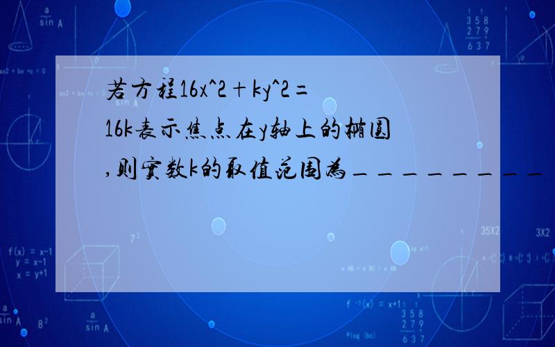 若方程16x^2+ky^2=16k表示焦点在y轴上的椭圆,则实数k的取值范围为________