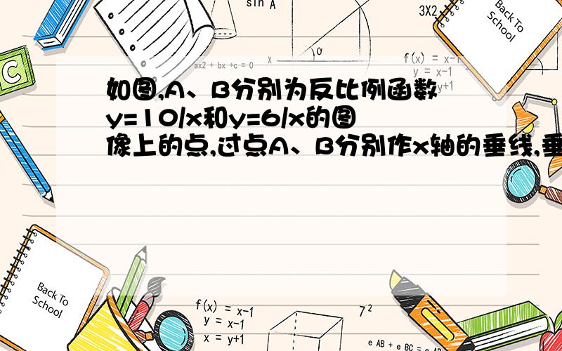 如图,A、B分别为反比例函数y=10/x和y=6/x的图像上的点,过点A、B分别作x轴的垂线,垂足分别为C、D,连接OB