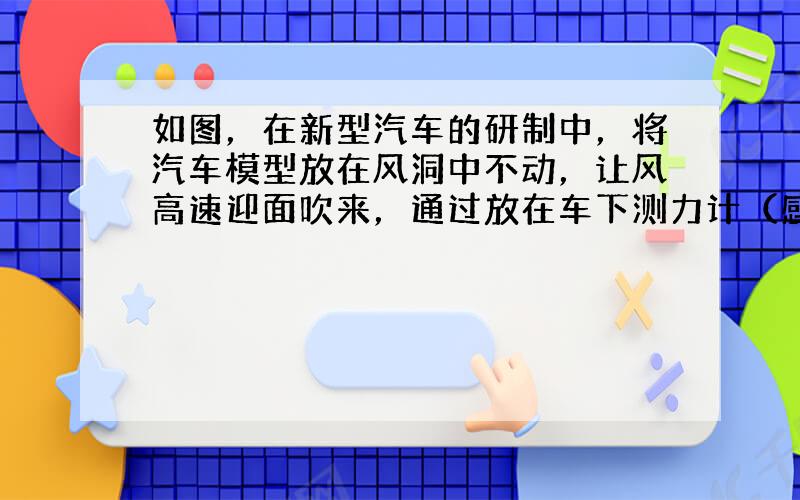 如图，在新型汽车的研制中，将汽车模型放在风洞中不动，让风高速迎面吹来，通过放在车下测力计（感应压力变化）的示数，可以研究