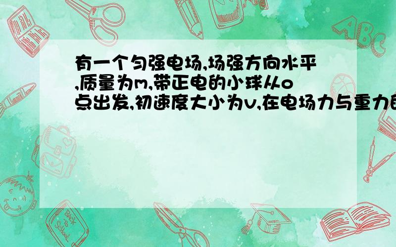 有一个匀强电场,场强方向水平,质量为m,带正电的小球从o点出发,初速度大小为v,在电场力与重力的作用下,恰能沿与场强方向