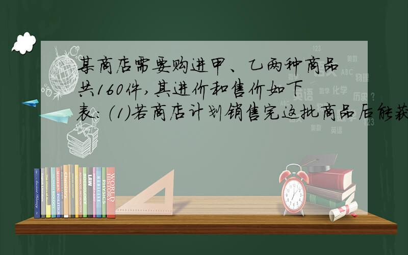 某商店需要购进甲、乙两种商品共160件,其进价和售价如下表：（1）若商店计划销售完这批商品后能获利1100