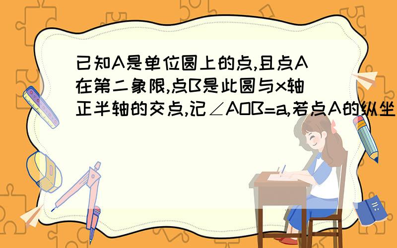 已知A是单位圆上的点,且点A在第二象限,点B是此圆与x轴正半轴的交点,记∠AOB=a,若点A的纵坐标为3/5,