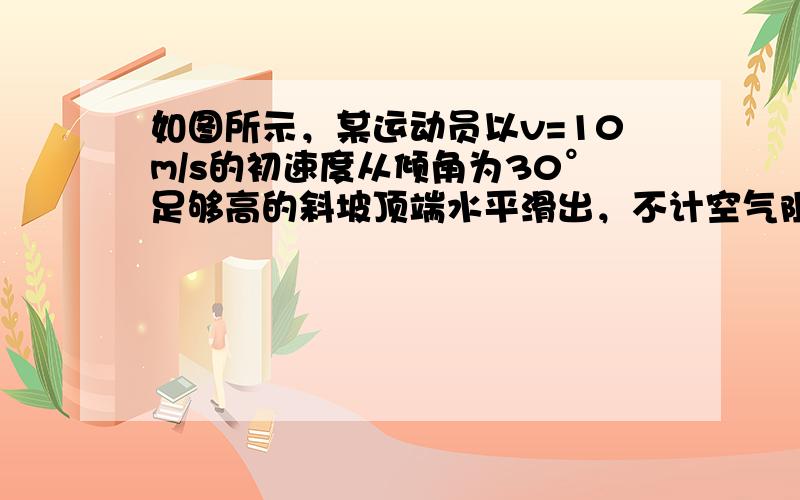 如图所示，某运动员以v=10m/s的初速度从倾角为30°足够高的斜坡顶端水平滑出，不计空气阻力，该运动员落到斜面上时飞行