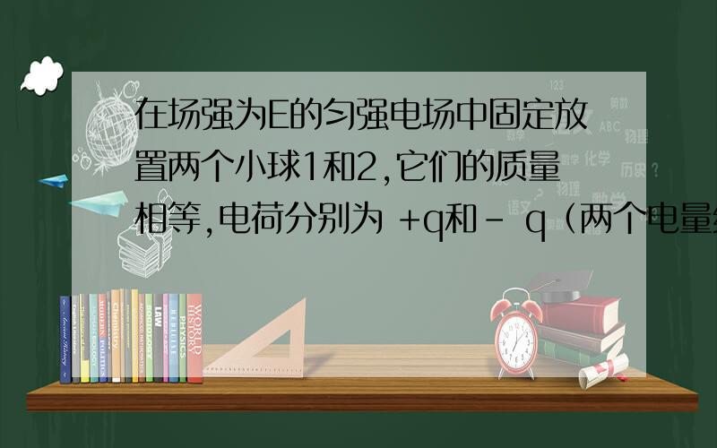 在场强为E的匀强电场中固定放置两个小球1和2,它们的质量相等,电荷分别为 +q和- q（两个电量绝对值不相等 ）.球1和