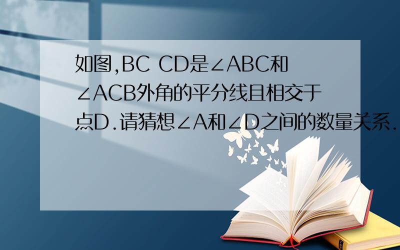 如图,BC CD是∠ABC和∠ACB外角的平分线且相交于点D.请猜想∠A和∠D之间的数量关系.