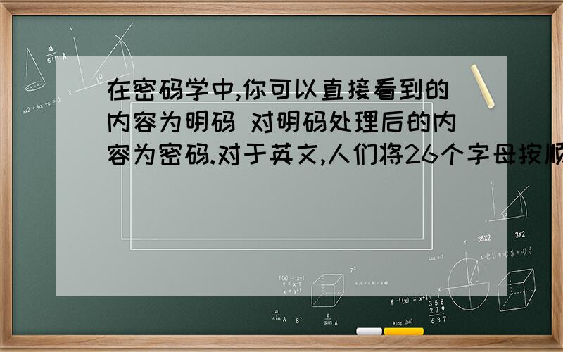 在密码学中,你可以直接看到的内容为明码 对明码处理后的内容为密码.对于英文,人们将26个字母按顺序分别对应整数0到25,