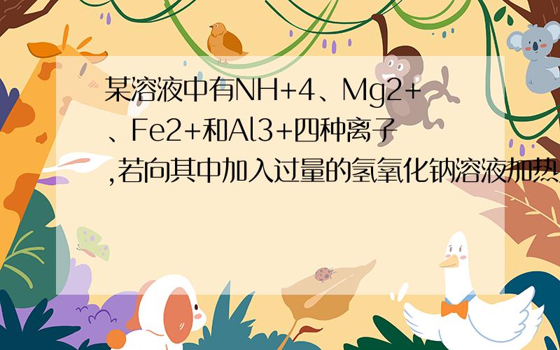 某溶液中有NH+4、Mg2+、Fe2+和Al3+四种离子,若向其中加入过量的氢氧化钠溶液加热并搅拌,再加入过量演算,溶液