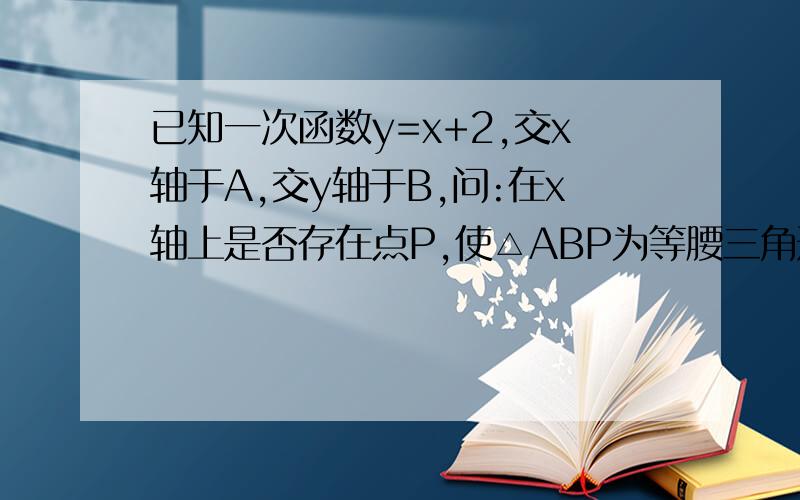 已知一次函数y=x+2,交x轴于A,交y轴于B,问:在x轴上是否存在点P,使△ABP为等腰三角形