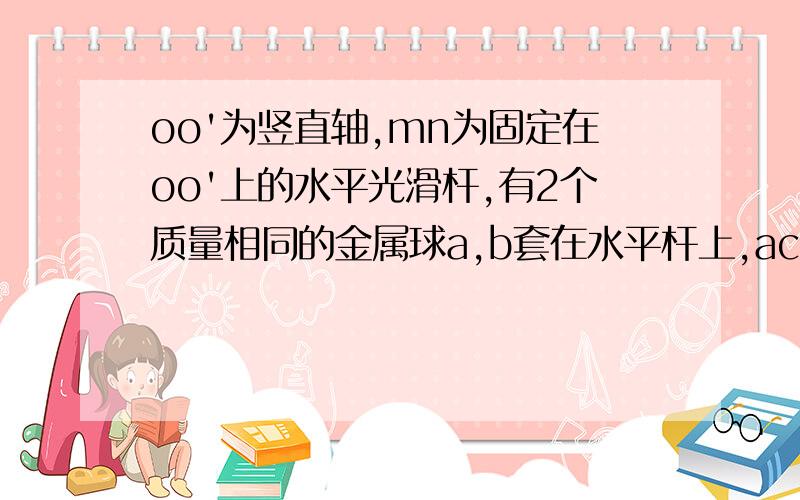 oo'为竖直轴,mn为固定在oo'上的水平光滑杆,有2个质量相同的金属球a,b套在水平杆上,ac,bc为抗拉能力