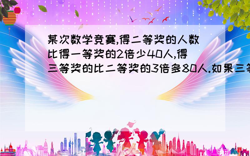 某次数学竞赛,得二等奖的人数比得一等奖的2倍少40人,得三等奖的比二等奖的3倍多80人.如果三等奖的人数比