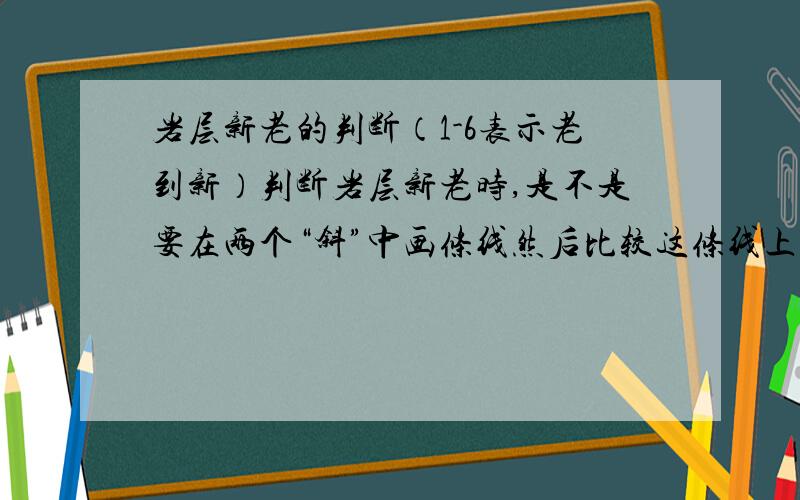 岩层新老的判断（1-6表示老到新）判断岩层新老时,是不是要在两个“斜”中画条线然后比较这条线上的不同两点例如图上,左2右