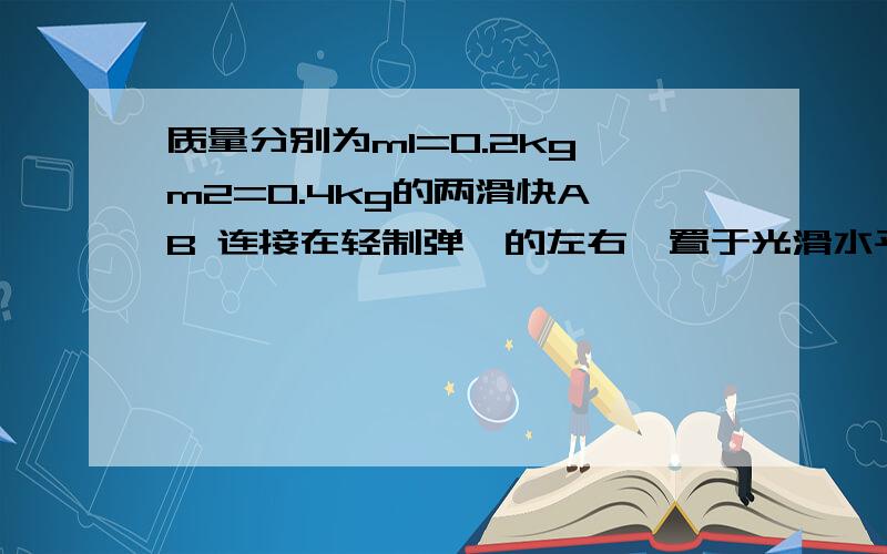 质量分别为m1=0.2kg,m2=0.4kg的两滑快A,B 连接在轻制弹簧的左右,置于光滑水平面上,用一绳把两滑快拉至最