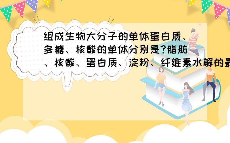 组成生物大分子的单体蛋白质、多糖、核酸的单体分别是?脂肪、核酸、蛋白质、淀粉、纤维素水解的最终产物是?叶绿素的组成元素是