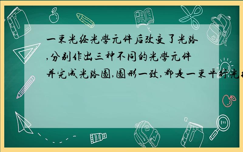 一束光经光学元件后改变了光路,分别作出三种不同的光学元件并完成光路图,图形一致,都是一束平行光线入身进去,然后别一条光张