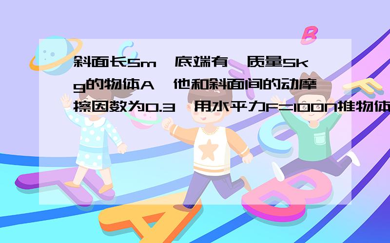 斜面长5m,底端有一质量5kg的物体A,他和斜面间的动摩擦因数为0.3,用水平力F=100N推物体A,使A物体由静止沿斜