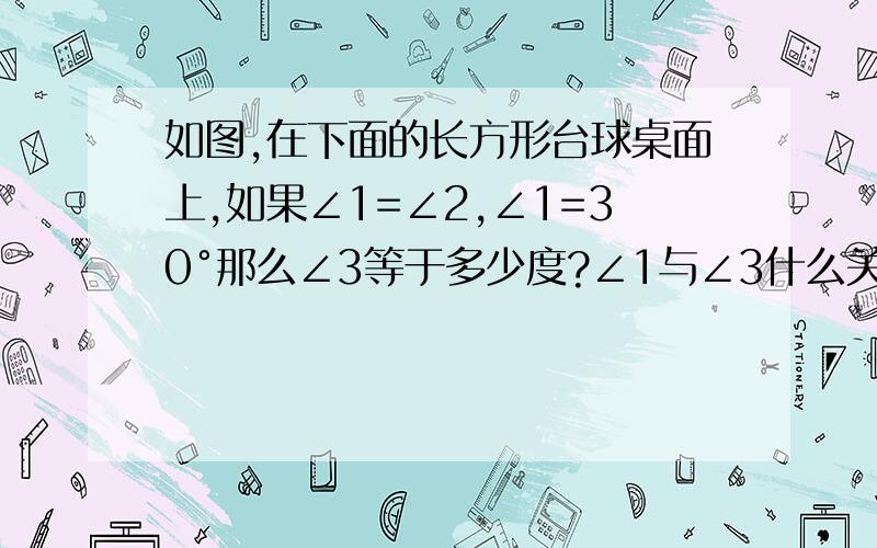 如图,在下面的长方形台球桌面上,如果∠1=∠2,∠1=30°那么∠3等于多少度?∠1与∠3什么关系