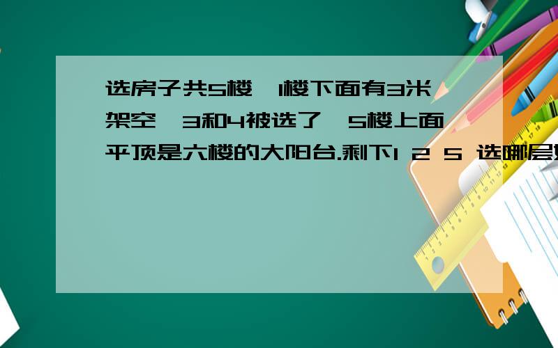 选房子共5楼,1楼下面有3米架空,3和4被选了,5楼上面平顶是六楼的大阳台.剩下1 2 5 选哪层好,