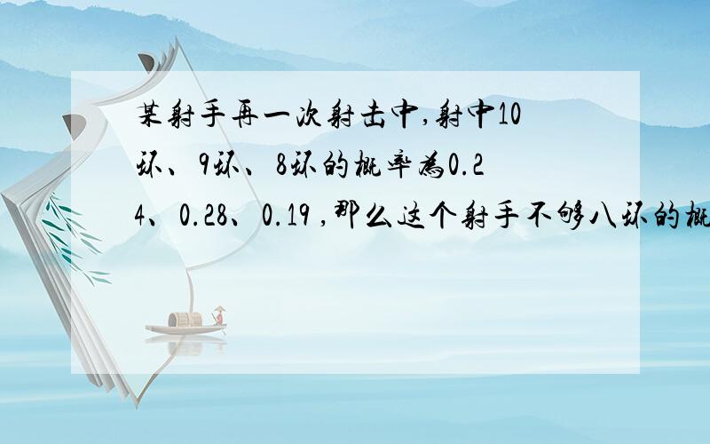 某射手再一次射击中,射中10环、9环、8环的概率为0.24、0.28、0.19 ,那么这个射手不够八环的概率为____