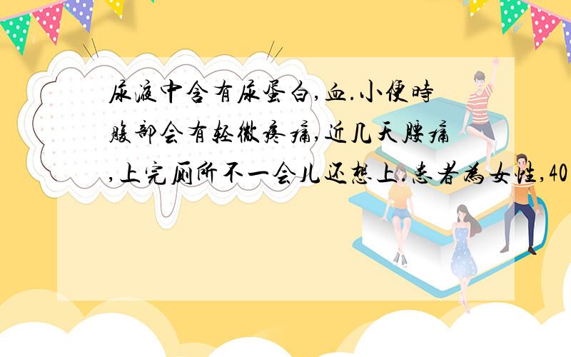 尿液中含有尿蛋白,血.小便时腹部会有轻微疼痛,近几天腰痛,上完厕所不一会儿还想上.患者为女性,40岁.患者怀疑是尿路感染