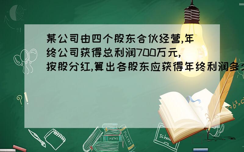 某公司由四个股东合伙经营,年终公司获得总利润700万元,按股分红,算出各股东应获得年终利润多少?