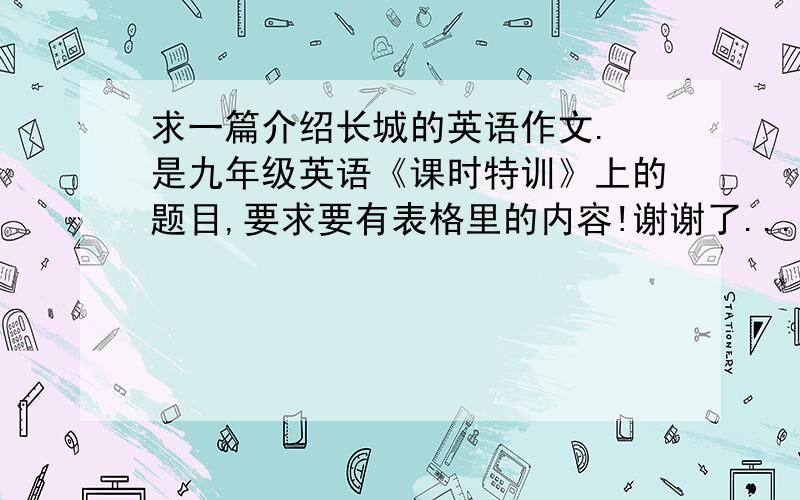 求一篇介绍长城的英语作文. 是九年级英语《课时特训》上的题目,要求要有表格里的内容!谢谢了...